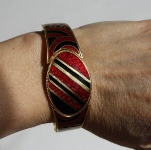 Vintage Striped Cloisonne Bangle - Red Black Gold Jewelry 1980s